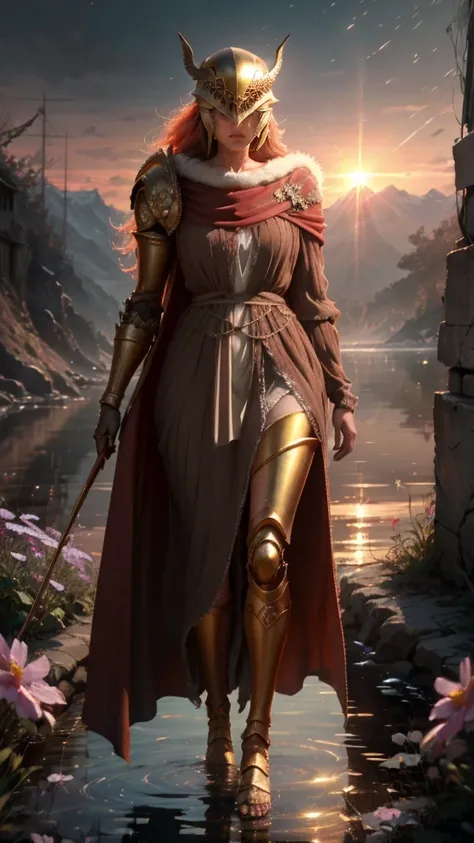  High Quality, Masterpiece, beautiful, Malenia, prothestic leg, single mechanical arm, prosthesis, armor, cape, helmet, brown silk dress, full body, wide shot, flower, water, solo, sunset, stylebuff, night, (dark environment), brown thorn-woven dress, vall...