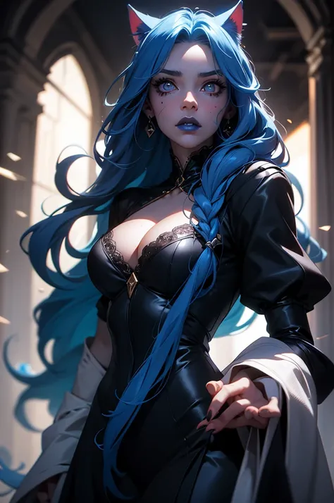 a beautiful young woman with long blue hair, black dress, fantasy character, heroic character, heavy blue makeup, blue lipstick, black veins, cat eye pupils, slitted pupils, masterfully detailed face, cinematic lighting, highly detailed, hyper realistic, o...