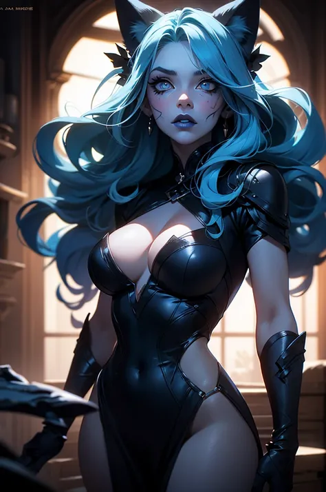 a beautiful young woman with long blue hair, black dress, fantasy character, heroic character, heavy blue makeup, blue lipstick, black veins, cat eye pupils, slitted pupils, masterfully detailed face, cinematic lighting, highly detailed, hyper realistic, o...