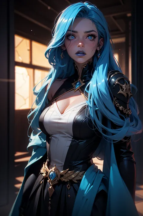 a beautiful young woman with long blue hair, black dress, fantasy character, heroic character, heavy blue makeup, blue lipstick, black veins, cat eye pupils, slitted pupils, masterfully detailed face, cinematic lighting, highly detailed, hyper realistic, o...