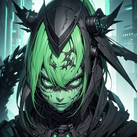 Make a witch from an alien race with necrotic green skin, ugly and with a look of will and anger. she must have black and futuristic clothes. cyberpunk style. ugly, angry, realistic and detailed face. She must be old, with expression marks