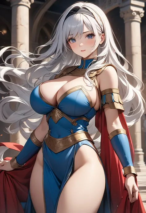 8k resolution, masterpiece, Highest quality, Award-winning works, unrealistic, Only sexy women, healthy shaped body, Age 25, White wavy long hair, hair band, Big, firm, bouncy breasts, Ancient Roman Commander&#39;s Armor, Pure white armor with a complex st...