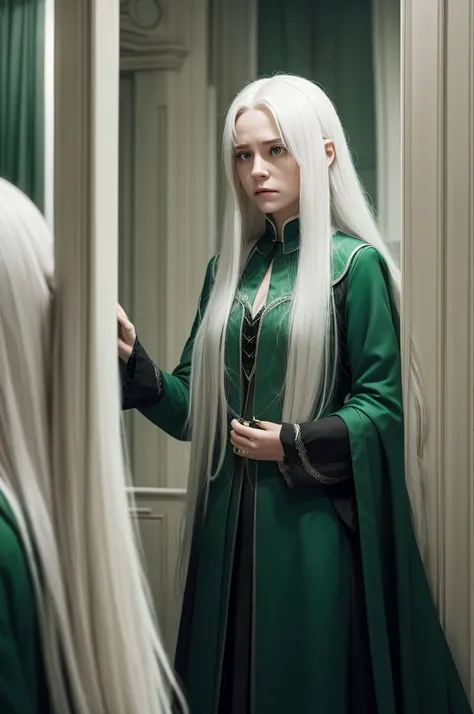 a woman, with long white hair, wearing a Slytherin outfit, looking in the mirror, crying.