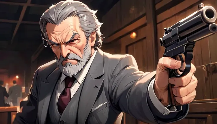 A mafia boss called ((((Azok)))) ,old, strong, bearded, grey suit, detailed face, gray hair and beard, intense gaze, commanding presence, wise expression, wrinkled skin, textured aging, confident posture, firm stance ((cartoon)) is shooting a rifle and scr...