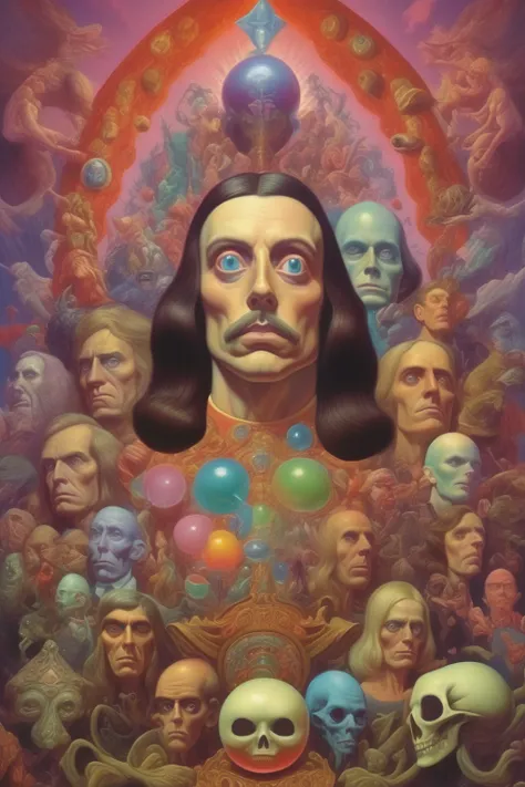 stacked symbolist composition, inspired by Jarosław Jaśnikowski, gnosticism, alex gross, colorful muscular eldritch, ornate gem in pommel, new album cover, by Trevor Brown, inspired by Robert Lenkiewicz