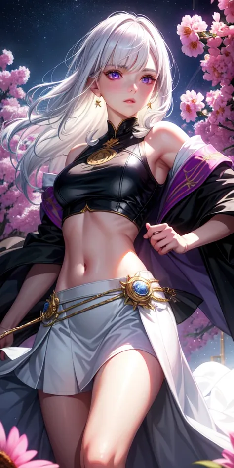 realistic, 1girl, white hair, purple eyes, glowing eyes, crop top, skirt, parted lips, blush, night, flowers, sun, sunlight,