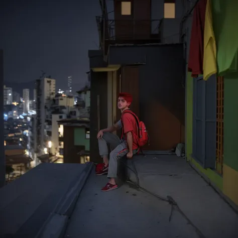 Brazilian boy with red hair with a backpack from Turkey sitting on a balcony in a Brazilian favela with a  sitting next to him with a backpack from Turkey looking at the city lights