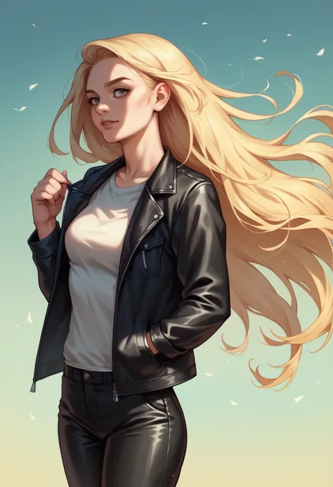 meet Elena women, a attractive 35 years old russian woman in photorealistic style, a blonde woman with long hair in black leather pants and a black leather jacket in a spring British Shorthair field at sunset