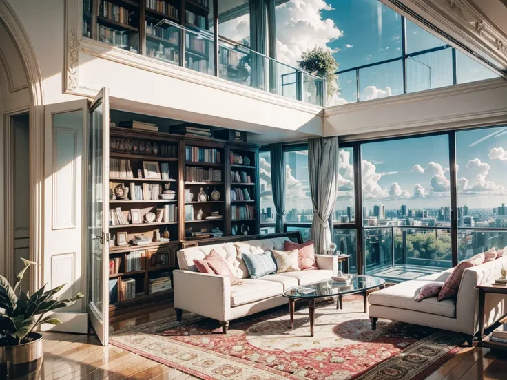 8K ultra high definition pictures real photos，sun sunshine blue sky white clouds，Circular glass house，Glass House，There is a big pink bed in the room，There is a table here，TV，There is a bookcase，curtain，carpet，Terrace，Rooftop，Bookcase Bookshelf Sofa，Large ...