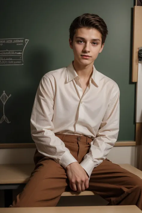 A young male twink, 20 years old, with a cute angel face, with makeup and black hair, wearing a luxurious, long-sleeved, white shirt and brown medieval pants. Behind him is a blackboard with the nerve cells of the brain written on it, and he looks proudly ...