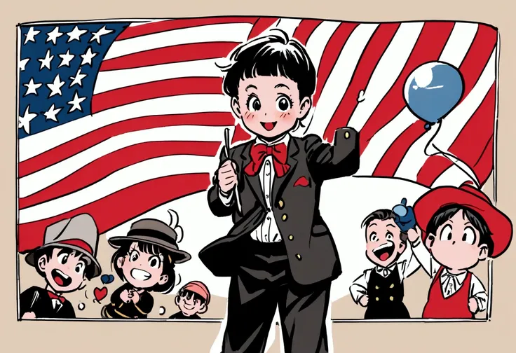 Classic TV, the little rascals, playfully hold up a MAGA banner, An american flag in the background
