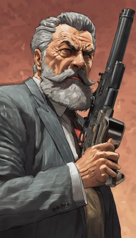 A mafia boss called ((((Azok)))) ,old, strong, bearded, grey suit, detailed face, gray hair and beard, intense gaze, commanding presence, wise expression, wrinkled skin, textured aging, confident posture, firm stance ((cartoon)) is shooting a rifle and scr...