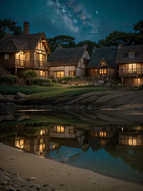 A picturesque village landscape set along a serene seashore, illuminated by a starry night sky. The stars twinkle brightly, creating a magical atmosphere reminiscent of Ghibli Studios enchanting style. The village houses have warm, glowing lights, and the ...