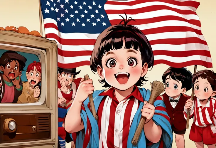 Classic TV, the little rascals, playfully hold up a MAGA banner, An american flag in the background
