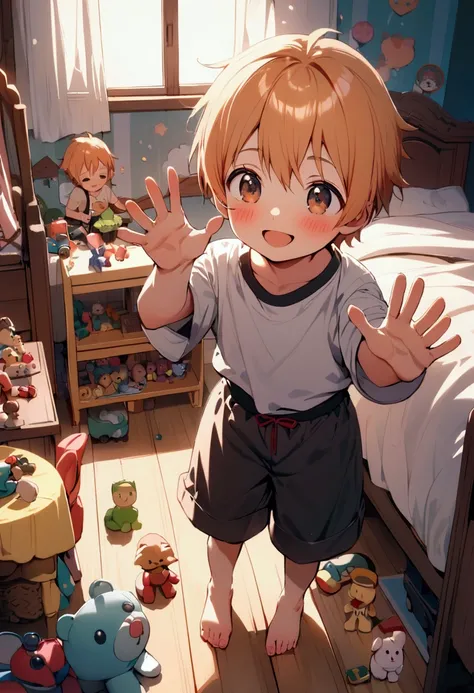 kid, Full body picture, whole body, cute young boy shota, tight brief, light orange hairs, brown eyes, beautiful eyes, beautiful feet, beautiful hands, blush, happy, smile, BREAK, ultra detailed children bedroom, lot of toys around