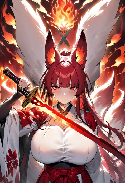 4K masterpiece High brightness crimson hair Very long ponytail Bangs down Mature woman Very large bust Huge breasts Exposed hakama Fox ears and nine fox tails of the same color as the hair Burning sword、Sword、He is wearing a five-fingered flame and is hold...