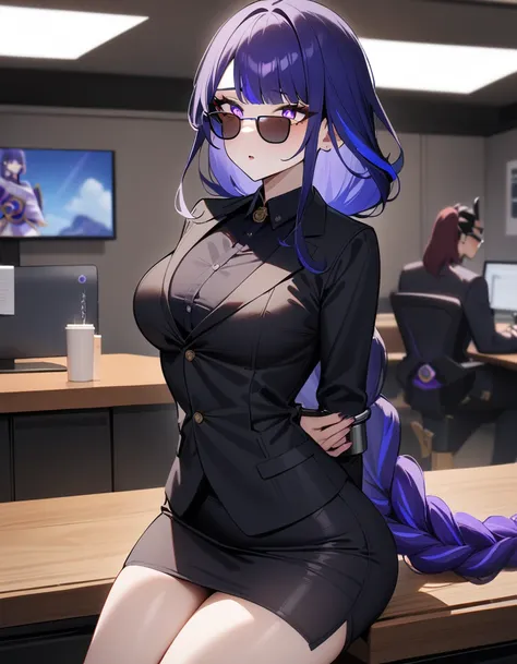 1girl, raiden shogun, genshin impact,officer,perfect Sunglasses, suit,cool,siting on table in office,hand behind back,hands handcuffed,masterpiece,very aesthetic,newest,sensitive