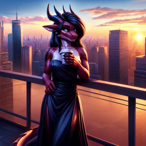 Anthro dragon, red-skinned, female, (Detailed scales: 1.2), solo, 1 person, 8k, 4k, (masterpiece: 1.4), (best quality: 1.4), (illustration: 1.2), (cinematic lighting: 1.3), (Ultra detailed: 1.7), long, flowing black hair, she smirks confidently out at a sp...