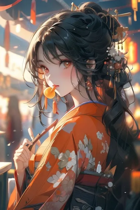 Perfect face. Perfect hands. A black haired woman with orange eyes in a pretty kimono is eating dinner in a festival