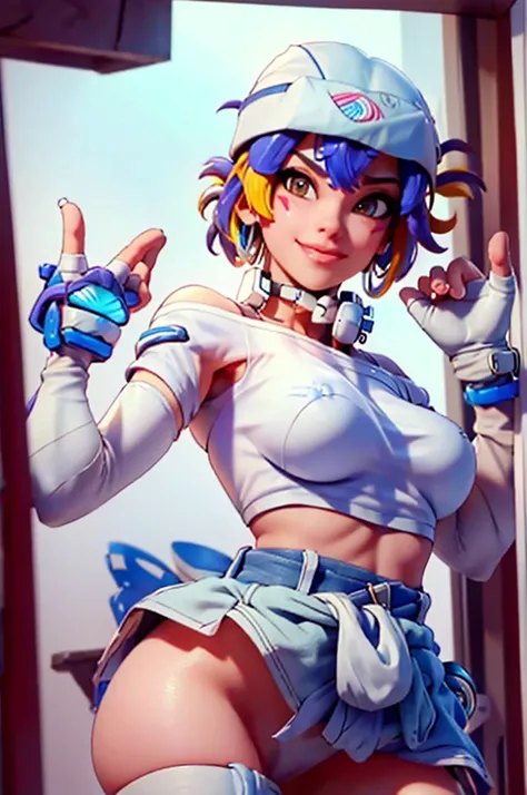 ((masterpiece, best quality)), 1girl, solo, Kiriko LeSserafim, upper body, short hair, brown eyes, multicolored hair, blue hair, yellow highlights, bangs, pink headwear, hair between eyes, (white off-shoulder shirt:1.5), ((gloves:1.5)), pointing to her fac...