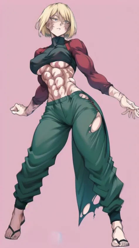 Full body image of Maki Zenin from Jujutsu Kaisen, full body in image, wearing her post-clan outfit (sleeves torn, harem pants), visible scars, short dark hair, female body, athletic and muscular body, dynamic pose, detailed pose, simple background, expres...