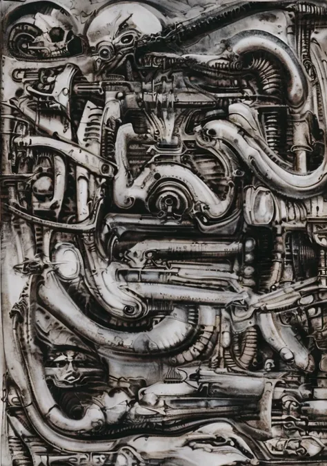 g1g3r, the image is a detailed view of h.r. giger's biomechanical tableau \" landscape no 312 \" plate, featuring
a complex, int...