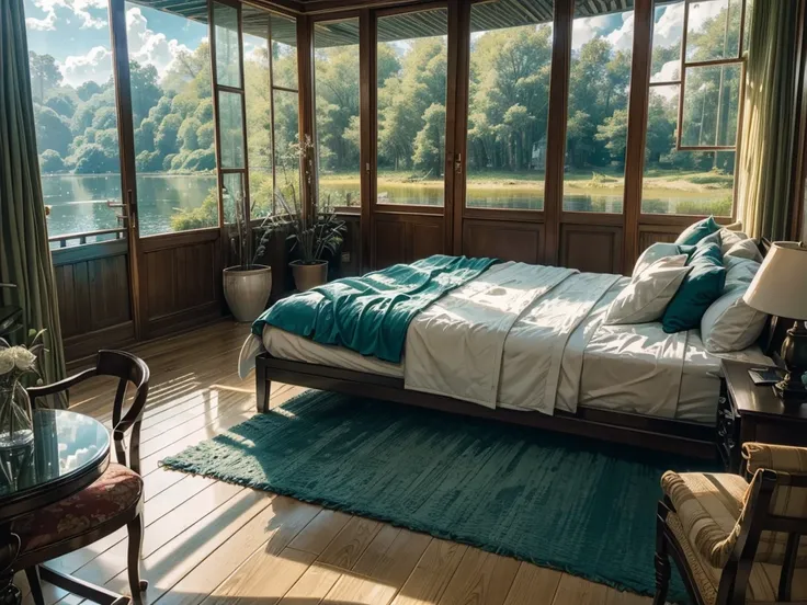 8K HD，Blue sky and white clouds，Glass House，Glass House，There is a big green bed in the room，Green curtains，There is a table here，TV，There is one，With light，With bookshelf，Red curtains，Large glass windows all around，Overlooking the panoramic view，The most ...