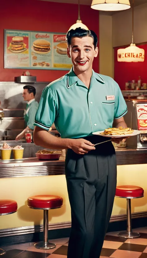 Full shot of scene, Full body, 50s typical colors used for advertising poster: 1.5, 1950s American fast food waiter, 50s decor, 50s clothes, 1950s hairstyle, detailed portrait, realistic, 8K, top quality, masterpiece, super detailed, cinema lighting, warm ...