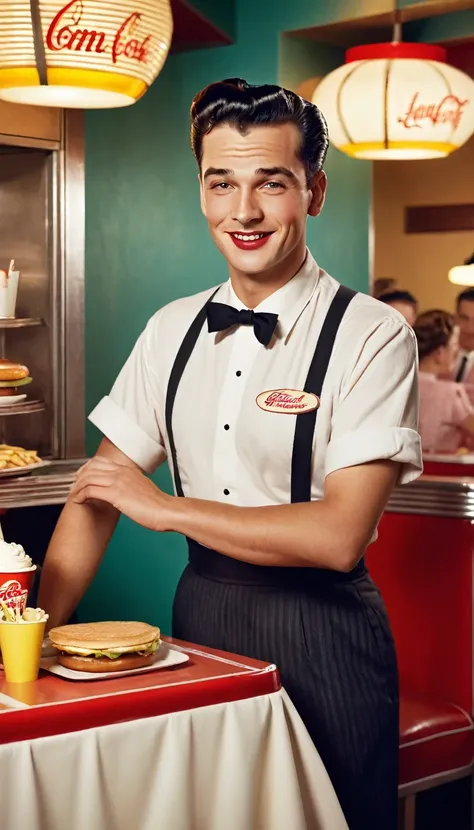 Full shot of scene, Full body, 50s typical colors used for advertising poster: 1.5, 1950s American fast food waiter, 50s decor, 50s clothes, 1950s hairstyle, detailed portrait, realistic, 8K, top quality, masterpiece, super detailed, cinema lighting, warm ...