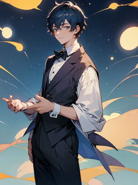 A young man anime assistant great detective, with his first hand under starry night waithing for someone that very importhan to him