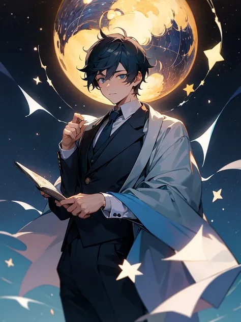 A young man anime assistant great detective, with his first hand under starry night waithing for someone that very importhan to him