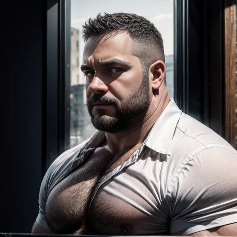 An award-winning original photo，A wild fat man, (40 years old daddy:1.1), 1boy, Solo, (white shirt), (top fully opened), (big shoulderusculature, stubbles, Short beard, Beautiful eyes:1.3), (Detailed face:1.3), Dynamic Angle, volumetric lighting, (Best qua...