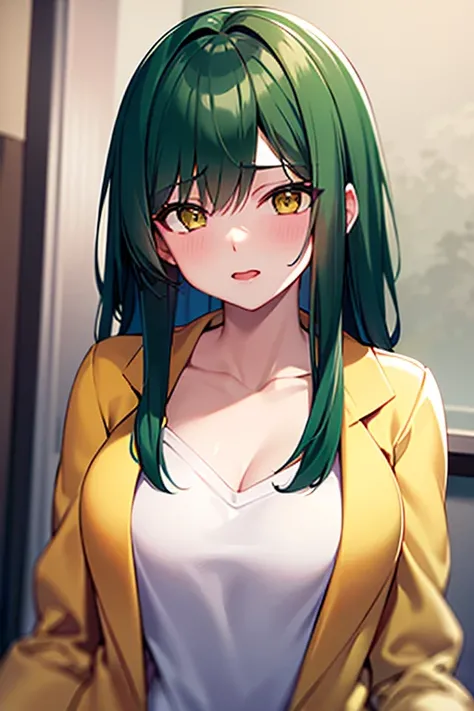 top quality,Perfect Face, long dark green hair, yellow eyes, collarbone，white coat，sexy body