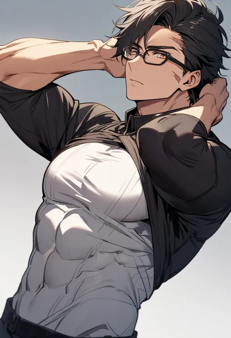 Male, black hair, hair parted in the middle, a scar on the right cheek, brown eyes, Put on a shirt, muscular, large chest Wear glasses