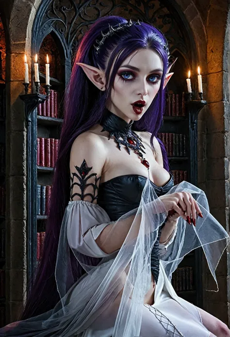 arafed a picture of elf vampire in her castle. an exquisite beautiful female elf vampire (ultra details, Masterpiece, best quality), full body, ((anatomically correct: 1.5) bloody mouth, purple hair, pale skin, hair in a ponytail, long hair, blue eyes, (sm...