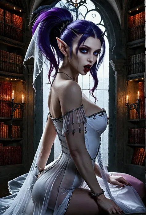 arafed a picture of elf vampire in her castle. an exquisite beautiful female elf vampire (ultra details, Masterpiece, best quality), full body, ((anatomically correct: 1.5) bloody mouth, purple hair, pale skin, hair in a ponytail, long hair, blue eyes, (sm...