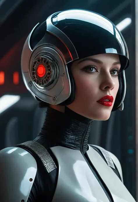 A closeup of a woman wearing a futuristic helmet and red lipstick, jackie welles ciberpunk, cgsociety 9, style = retro-futurism, beautiful android woman, portrait of an android woman, futuristic retro fashion, Bladerunner movie still., Female cyborg in dat...