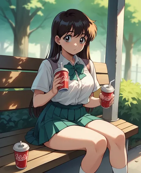 anime girl sitting on a bench with a cup of coffee, cute anime girl, anime style illustration, Girl with soda, beautiful anime schoolgirl, hyper realistic , anime girl, young anime girl, beautiful anime girl, anime girl drinks energy drink, anime style 4k,...