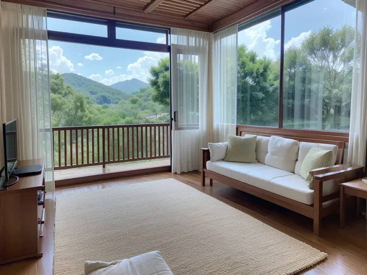 8KHD，Blue sky and white clouds，Glass House，Glass House，房间里有一张绿色的big bed，Green curtains，这里There is a table，TV，There is one，With light，With bookshelf，Red curtains，Large glass windows all around，Overlooking the panoramic view，The most important thing is the b...