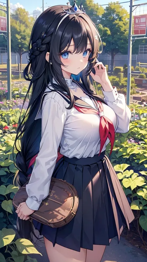 best quality, extremely detailed,anime style girl,long hair down to the waist, straight hair, ((dark black hair with bluish)),braid,beautiful detailed eyes, pinched eyes, (dark blue eyes),huge breasts,curvy,((((white main brightly colored princess school u...