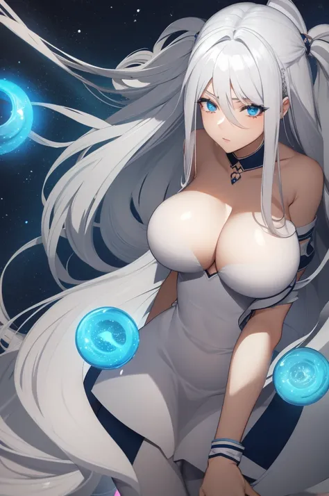 woman with white hair, big hair, and blue eyes, and big breasts 