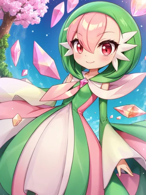 alone,gardevoir,green hair,flat chest,smile,red eyes,cyan capsule,(crystal forest),pink skin,