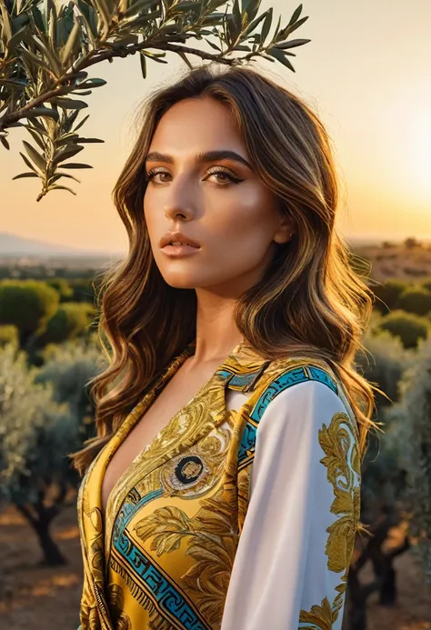 ((best quality)), ((masterpiece)), (detailed), fashion photo shot, sunsetting in the background, young italian woman, wearing Versace apparel. she is looking off at the sunset, olive trees in the distance