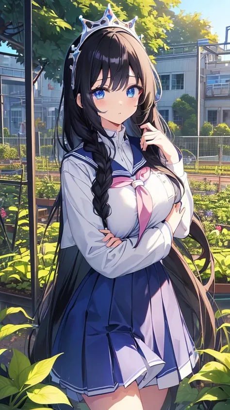 best quality, extremely detailed,anime style girl,long hair down to the waist, straight hair, ((dark black hair with bluish)),braid,beautiful detailed eyes, pinched eyes, (dark blue eyes),huge breasts,curvy,((((white main brightly colored princess school u...