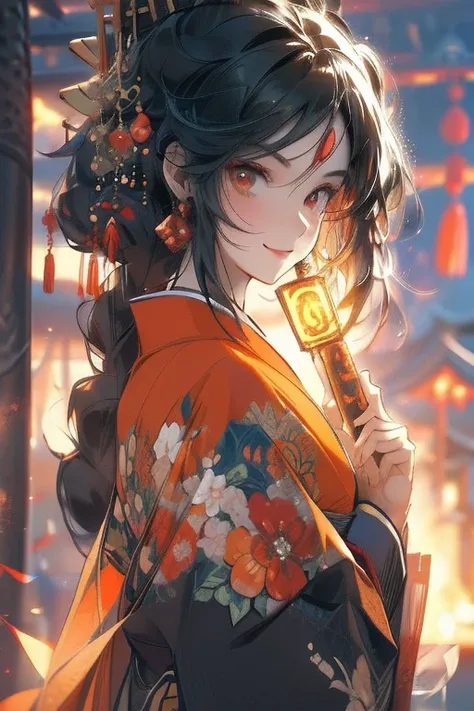 Perfect face. Perfect hands. A black haired woman with orange eyes in a pretty kimono is holding a ball of fire at the shrine with a big smile