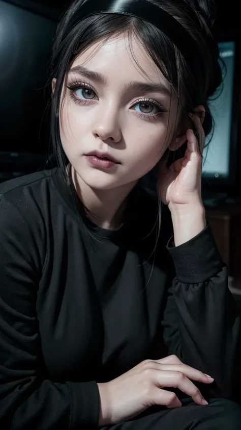 ((best quality)), ((masterpiece)), (detailed), 1girl, Black shirt, leggings, masterpiece, watching TV, ultra detail, black hair, cute, baby face, Gothic, black make up eyes, neck headband, black lipstick, narrowed eyes (cynical), plump, Hair tied, Hand acc...