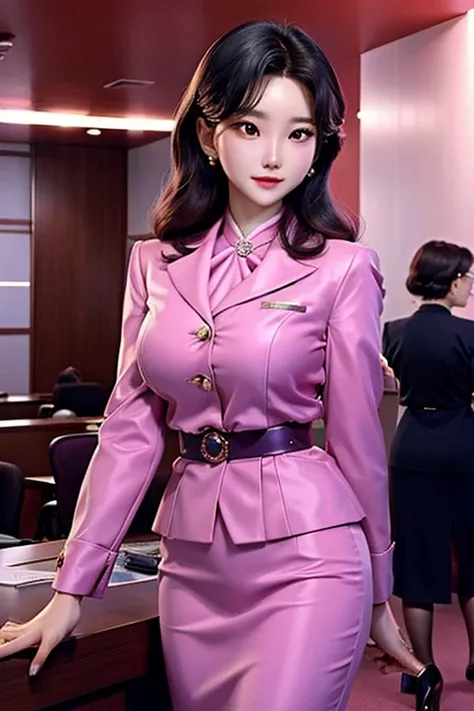 Beautiful S Korea Korean woman in a very 80s womens power business suits in 80s vibrant deep colors with pearls well styled coiffed hair, real person, detailed body, skirt, office lady like a Korean fashion model ullzang and kawaii