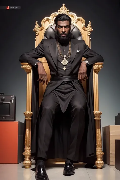 create a cartoon style image of a tall dark man with little hair sitting on a throne with YouTube signs and a YouTube and Instagram logo behind him