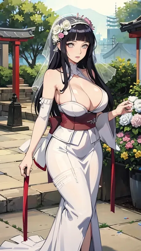 hinata hyuga with huge breasts in a wedding dress with a huge veil neckline and bouquet in the courtyard of a japanese temple