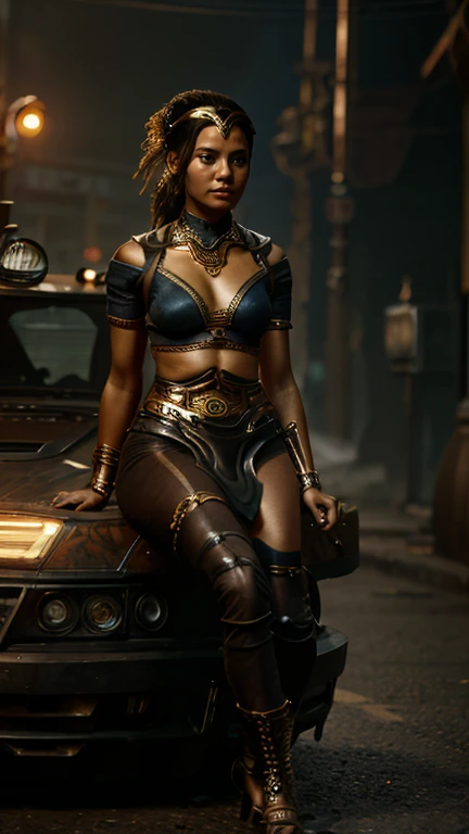 there is a sexy indian woman with a steam powered dark skin, with tall, royal look, street punk concept art, sexy full body view...